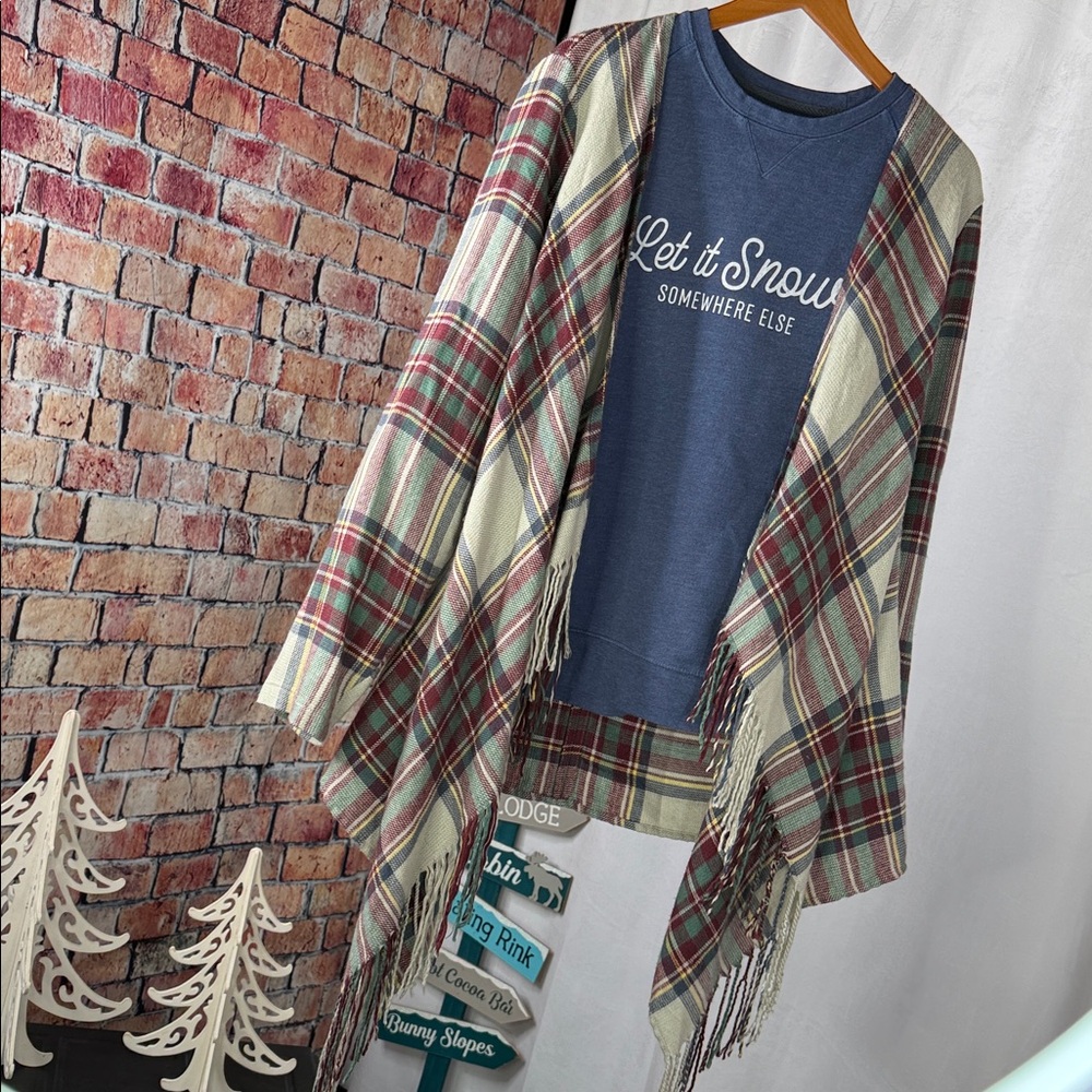 Plaid Knit Waterfall Cardigan Fringe Crossover Closure Altar'd State Size  L